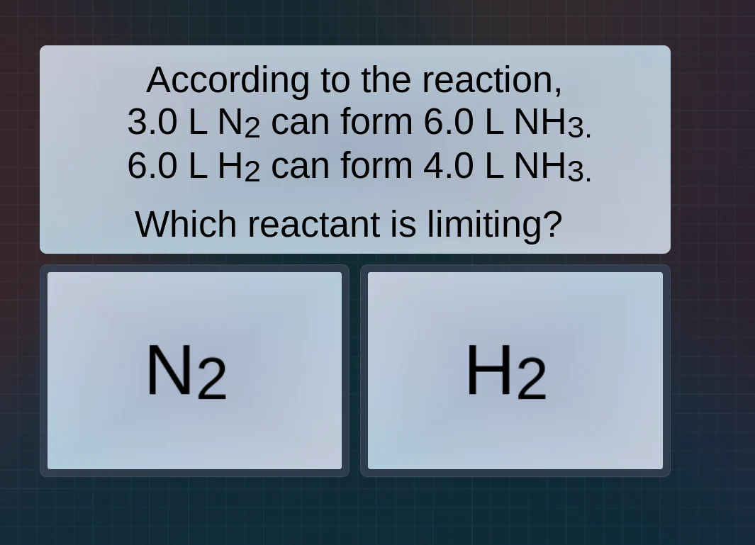 according to the reaction, 3.0 l n₂ can form 6.0 l nh₃. 6.0 l h₂ can fo…