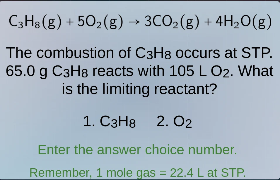 c₃h₈(g) + 5o₂(g) → 3co₂(g) + 4h₂o(g) the combustion of c₃h₈ occurs at s…