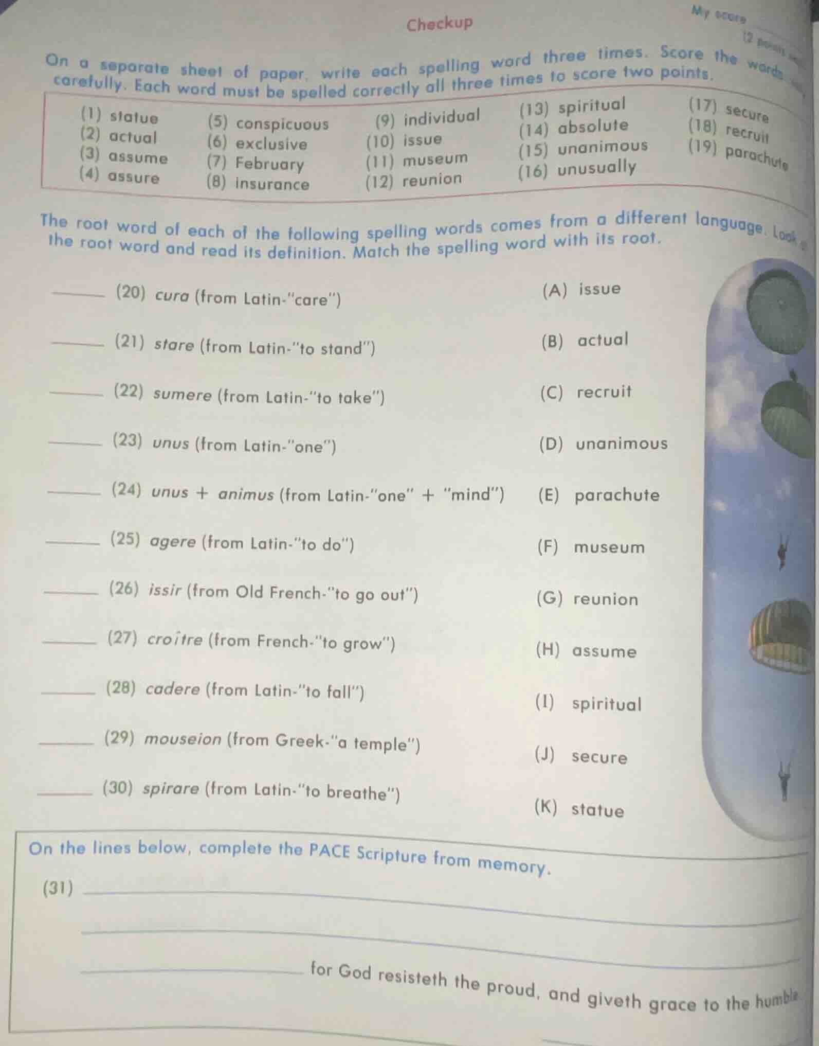 checkup on a separate sheet of paper, write each spelling word three ti…
