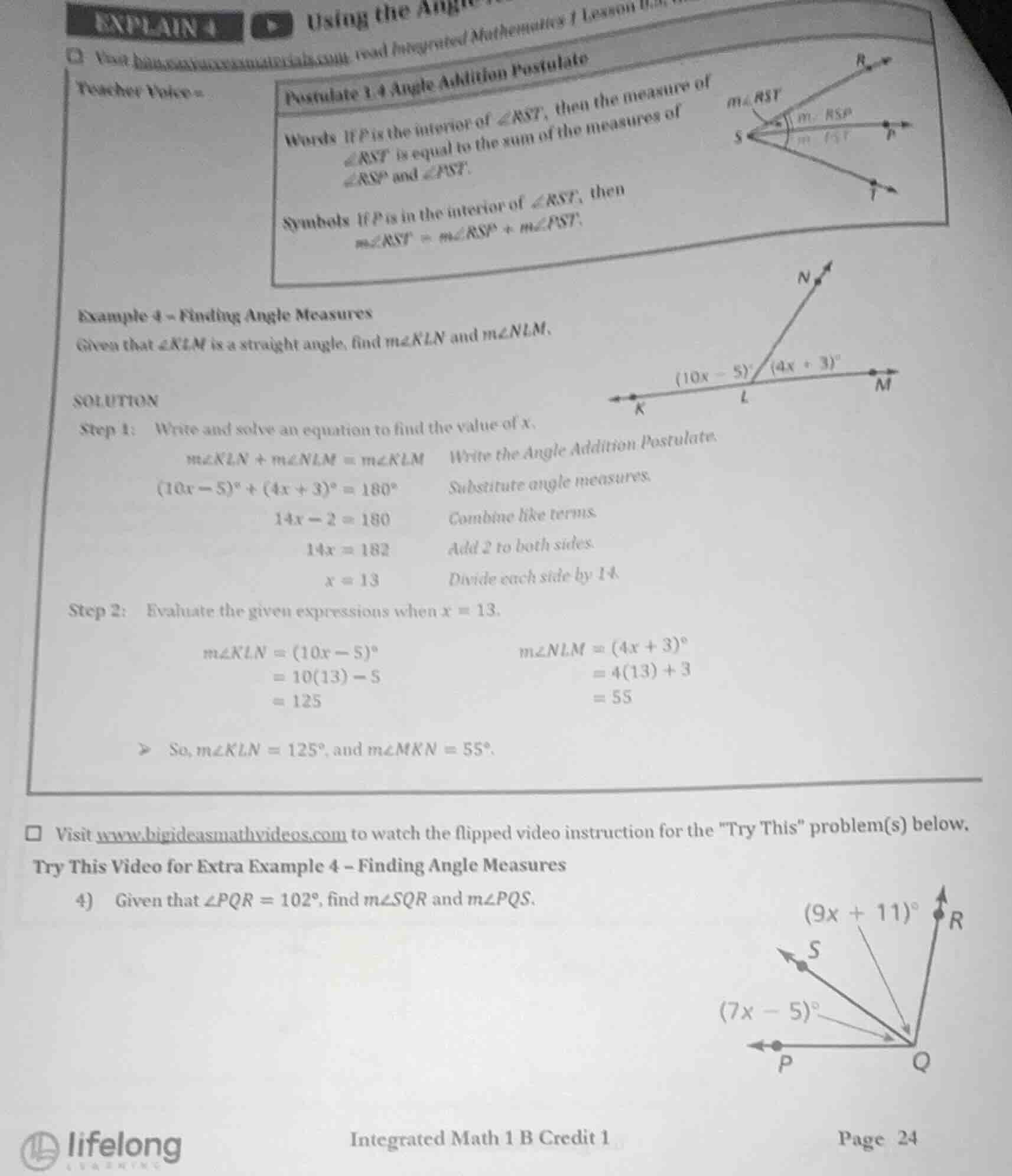 explain 4 using the angle addition postulate teacher voice: postulate 1…