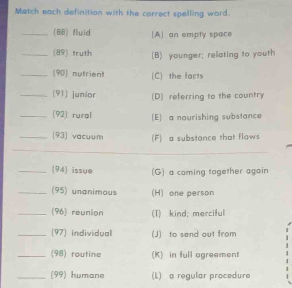 match each definition with the correct spelling word. ______ (88) fluid…