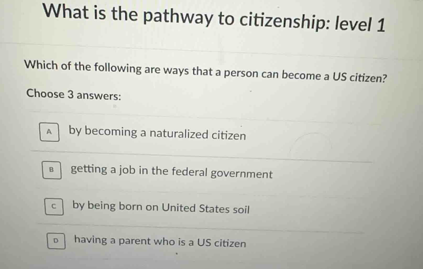 what is the pathway to citizenship: level 1 which of the following are …