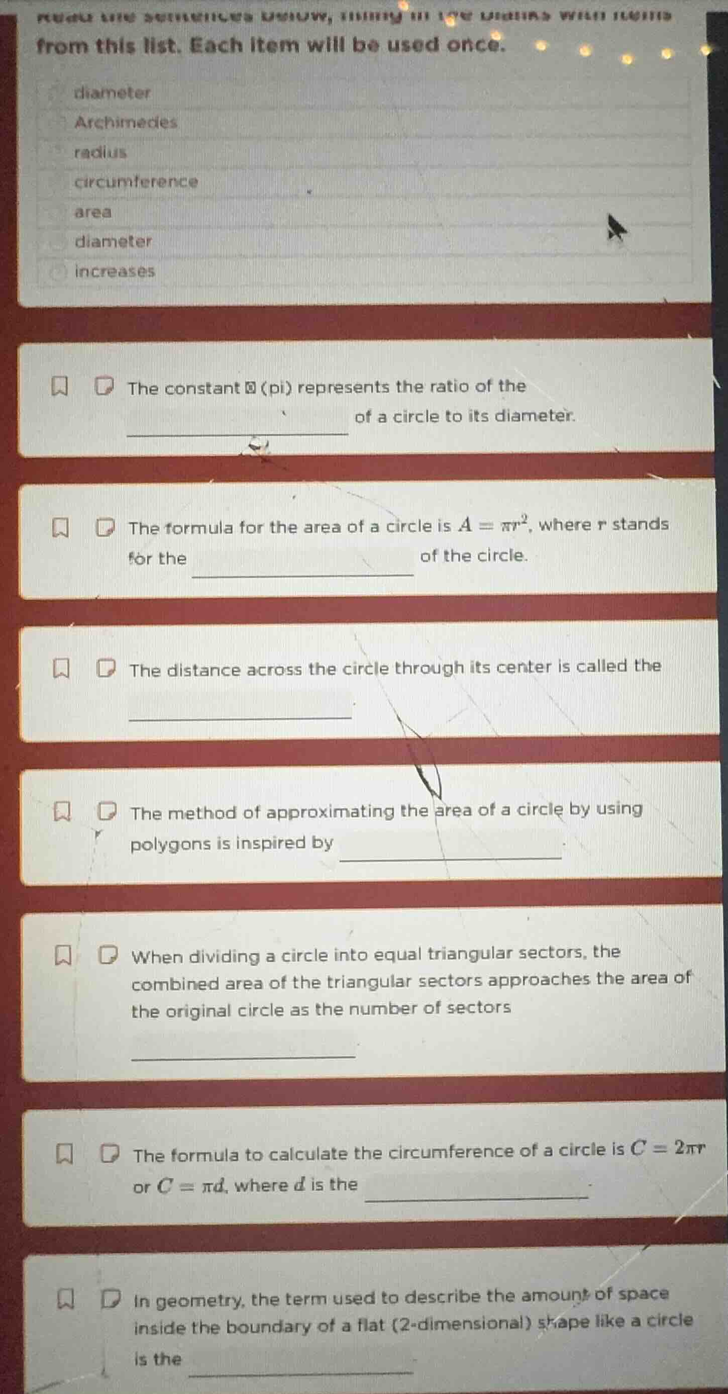 read the sentences below, filling in the blanks with items from this li…