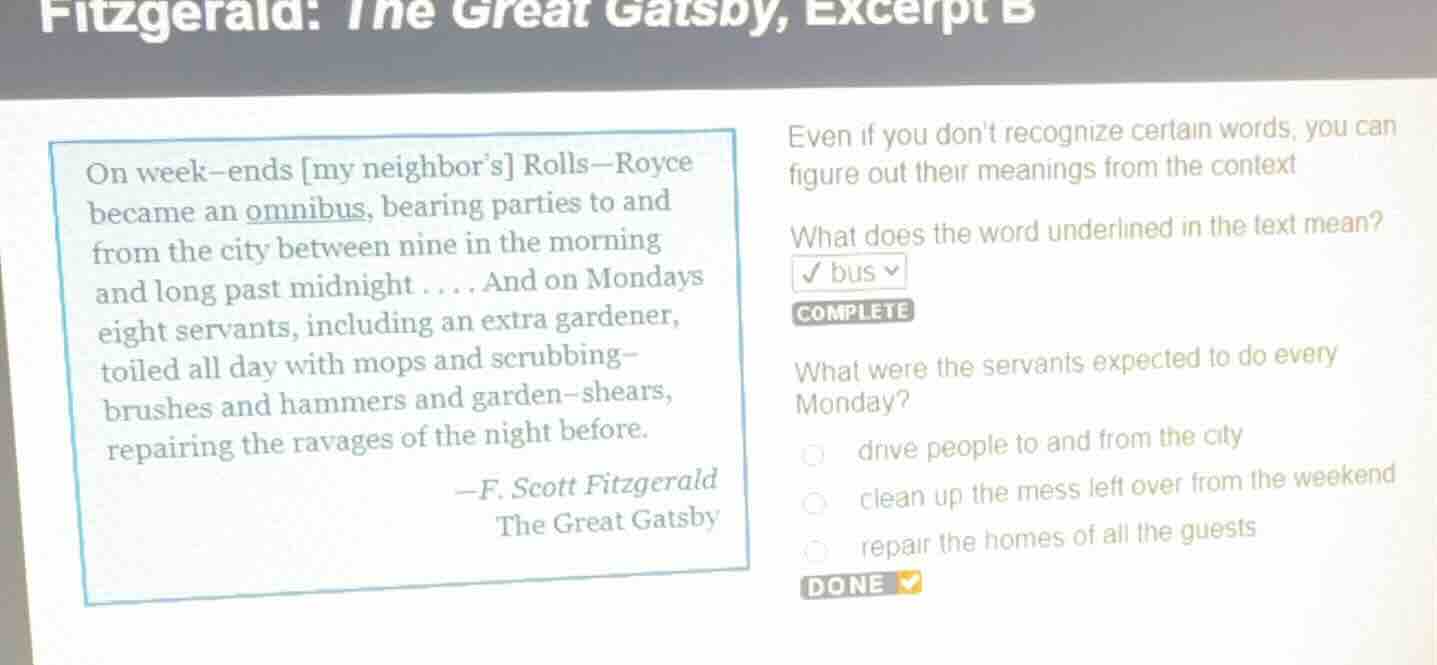 fitzgerald: the great gatsby, excerpt b on week-ends my neighbor’s roll…