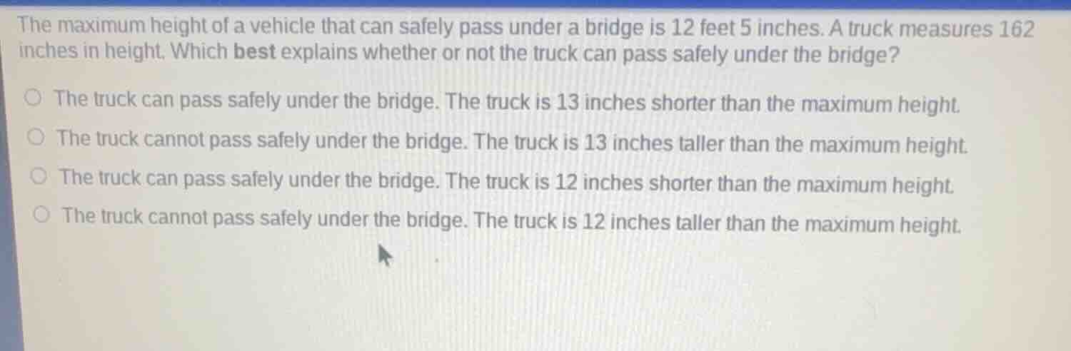 the maximum height of a vehicle that can safely pass under a bridge is …