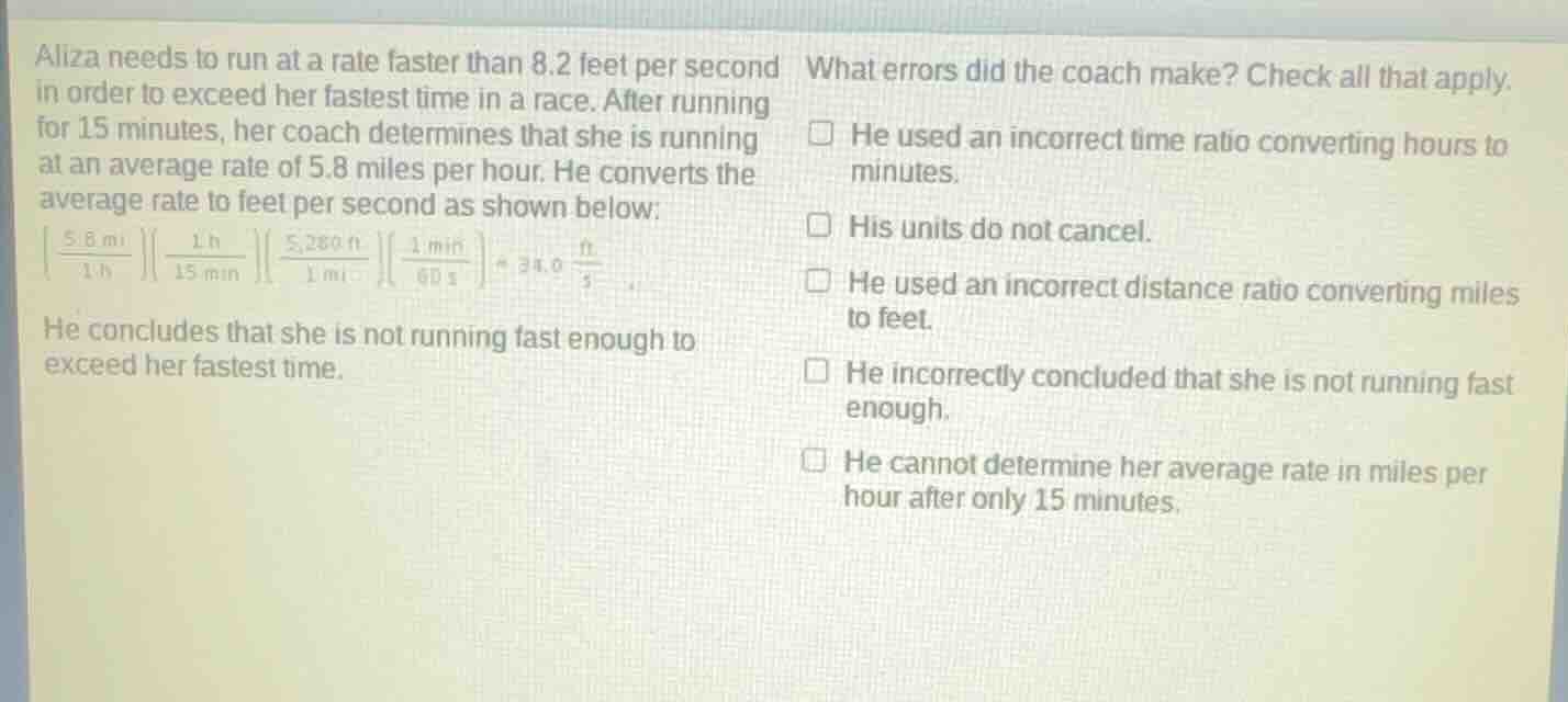 aliza needs to run at a rate faster than 8.2 feet per second in order t…