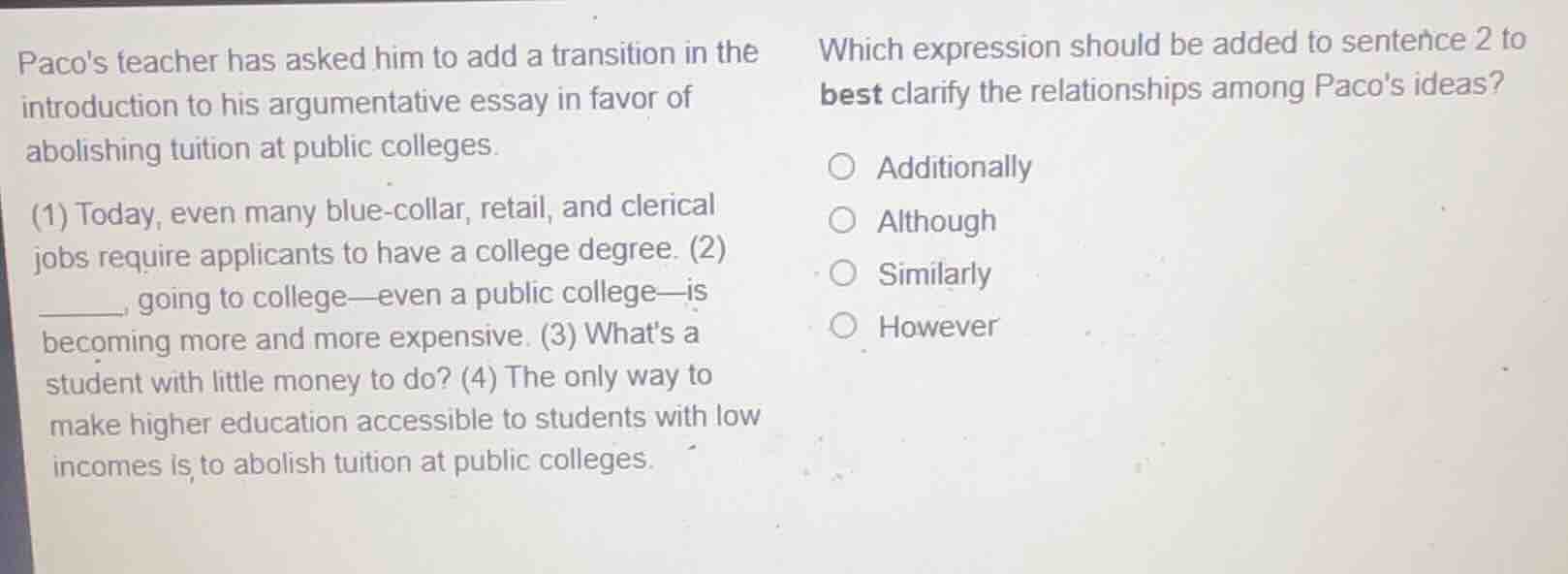 pacos teacher has asked him to add a transition in the introduction to …
