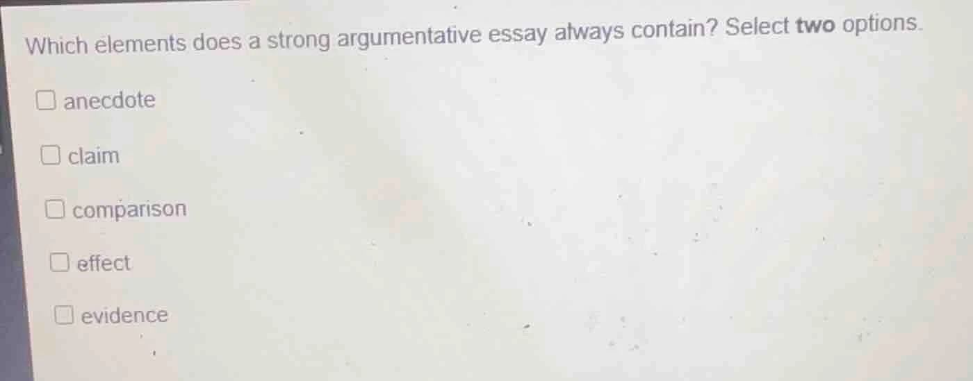 which elements does a strong argumentative essay always contain? select…