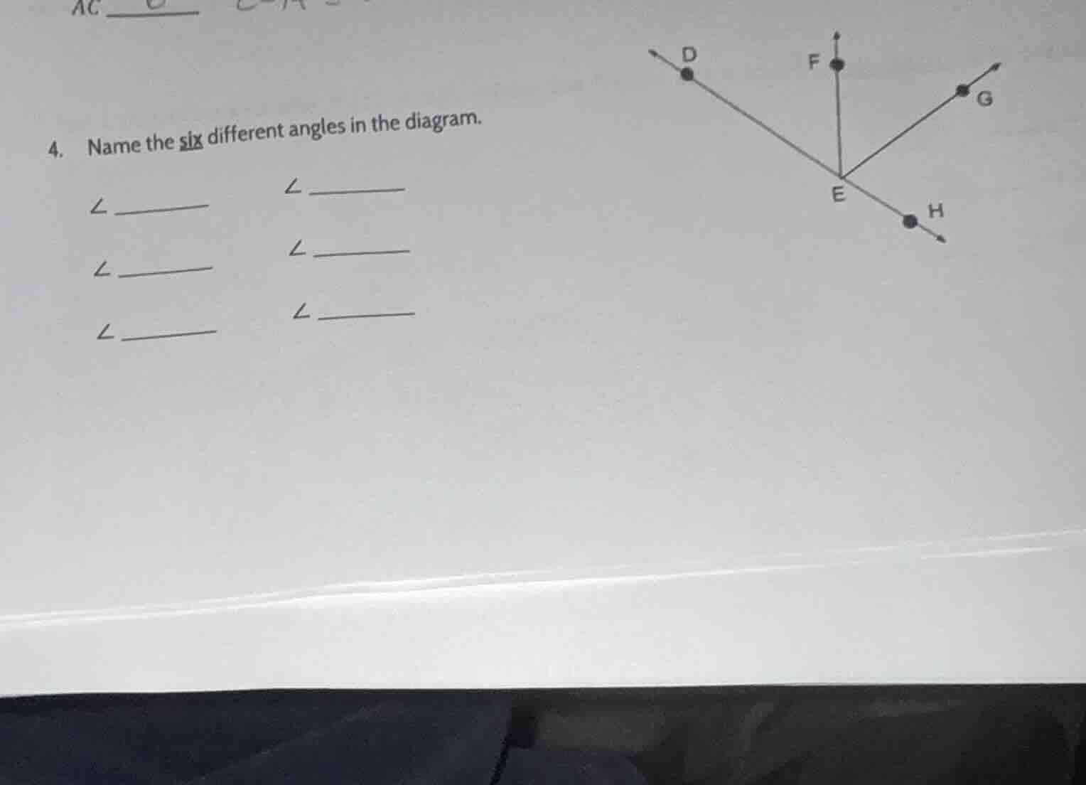 4. name the six different angles in the diagram. ∠ ______ ∠ ______ ∠ __…