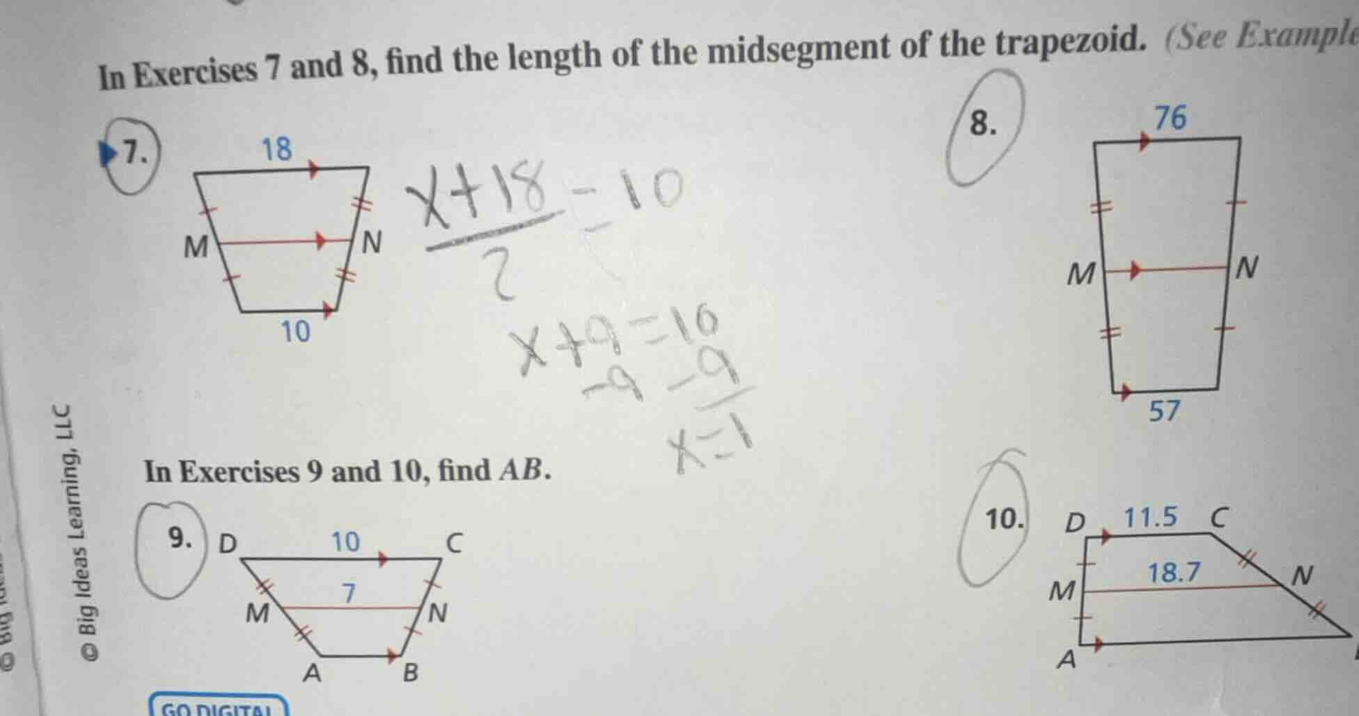 in exercises 7 and 8, find the length of the midsegment of the trapezoi…