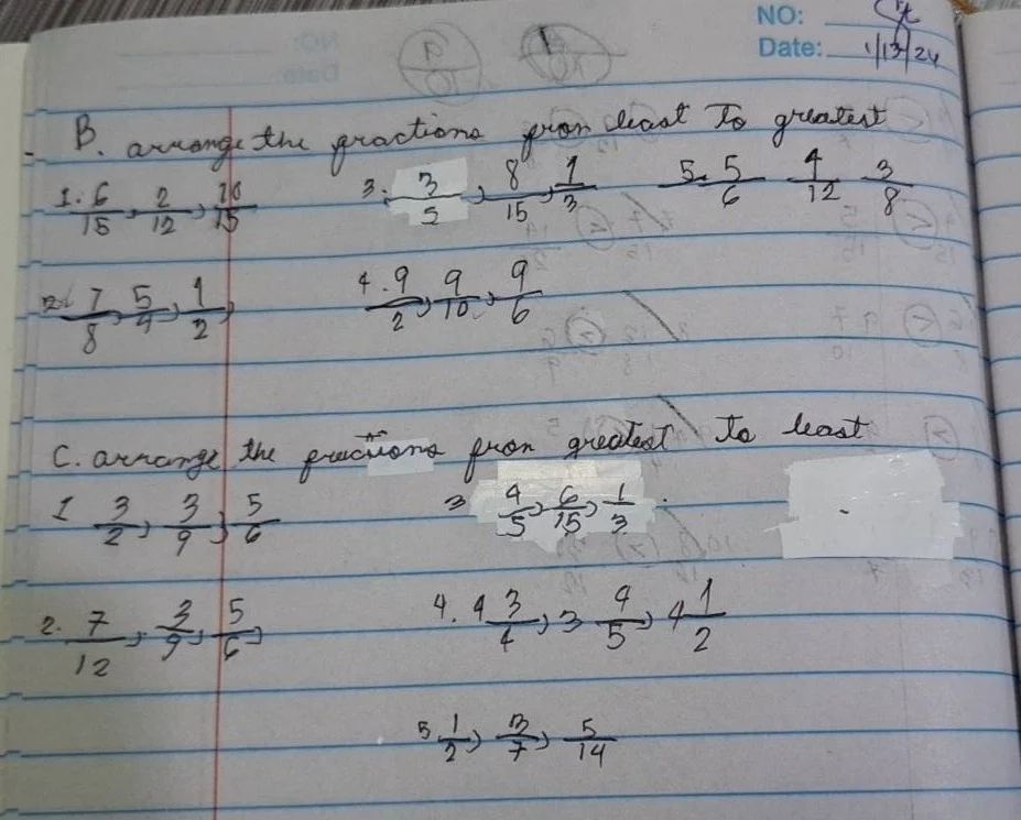 b. arrange the fractions from least to greatest 1. 6/15, 2/12, 10/15 3.…