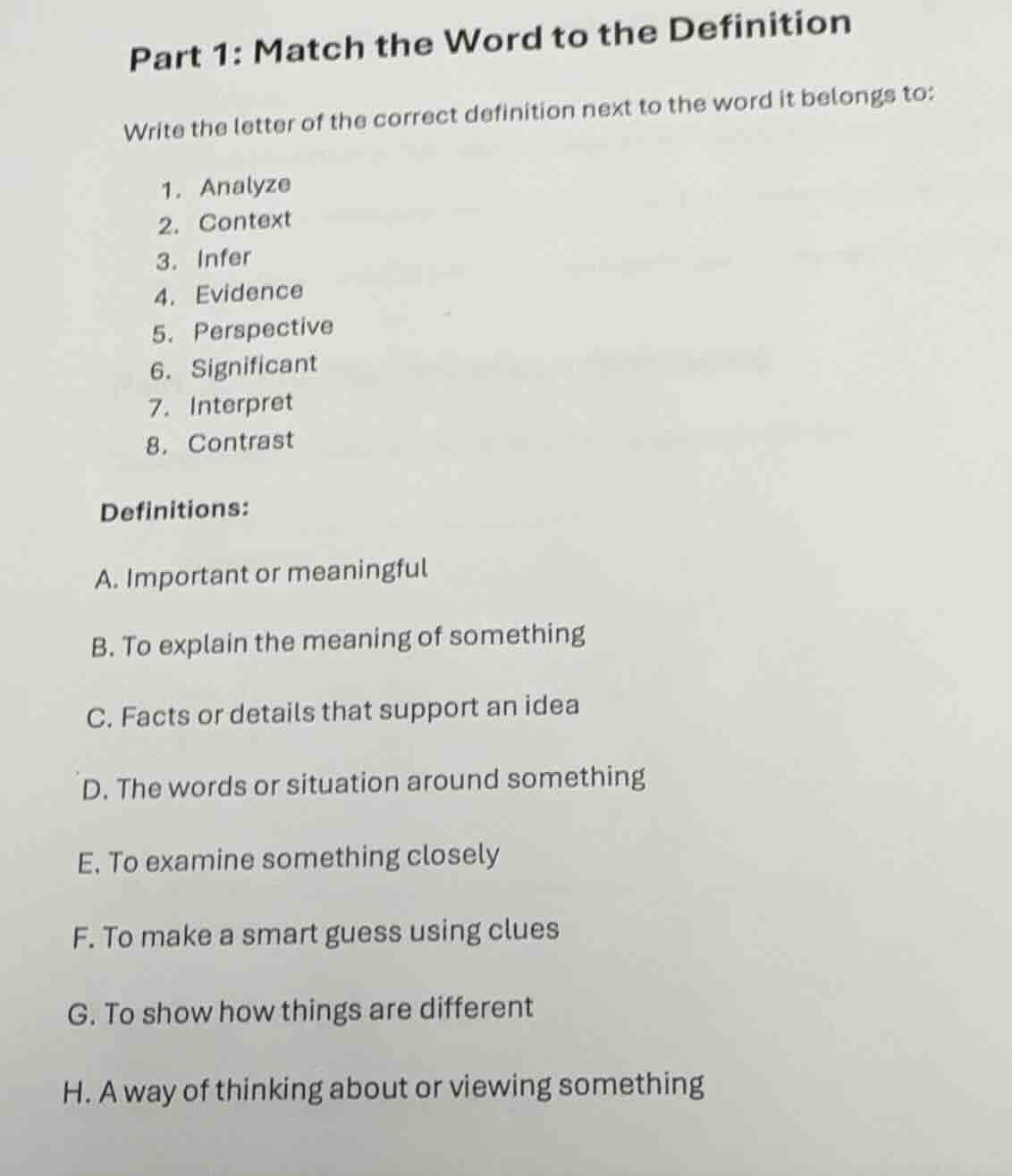 part 1: match the word to the definition write the letter of the correc…