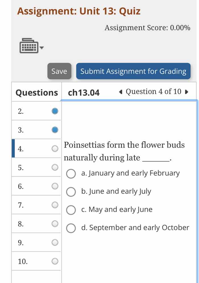 poinsettias form the flower buds naturally during late ______. a. janua…