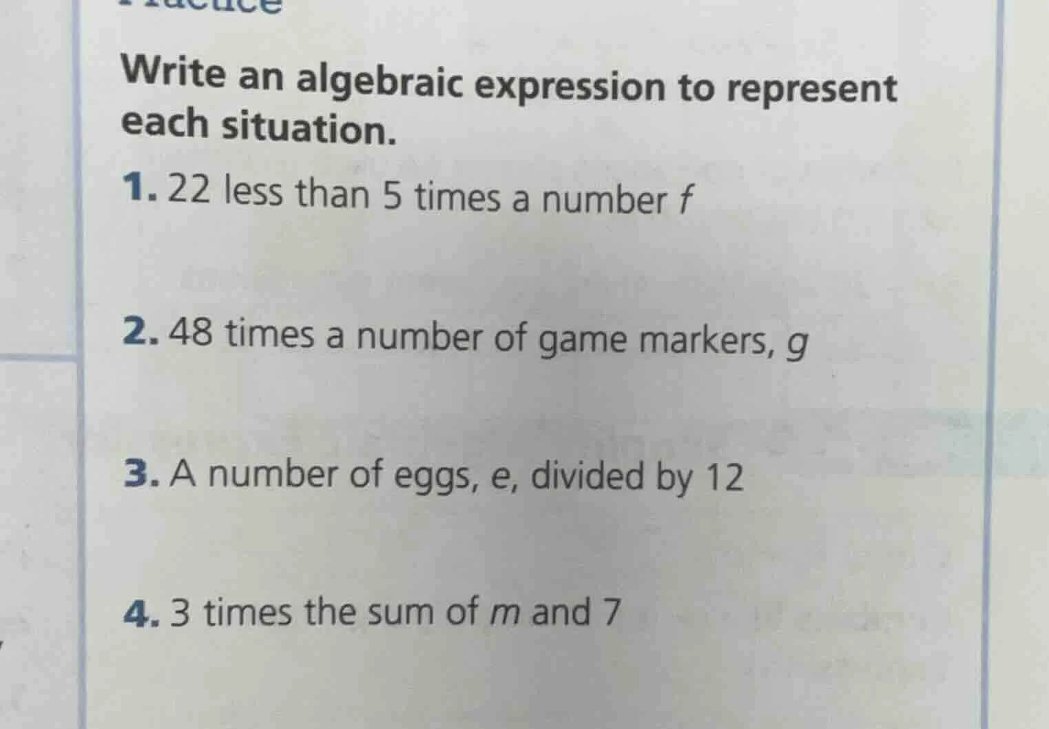 write an algebraic expression to represent each situation. 1. 22 less t…