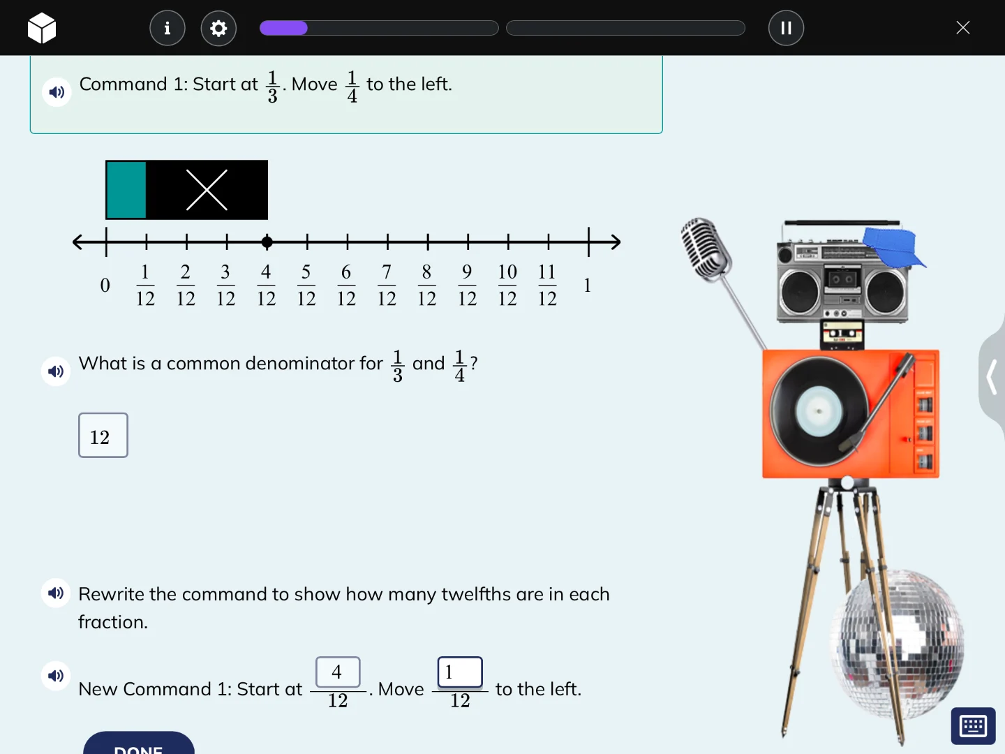 command 1: start at \\(\\frac{1}{3}\\). move \\(\\frac{1}{4}\\) to the …