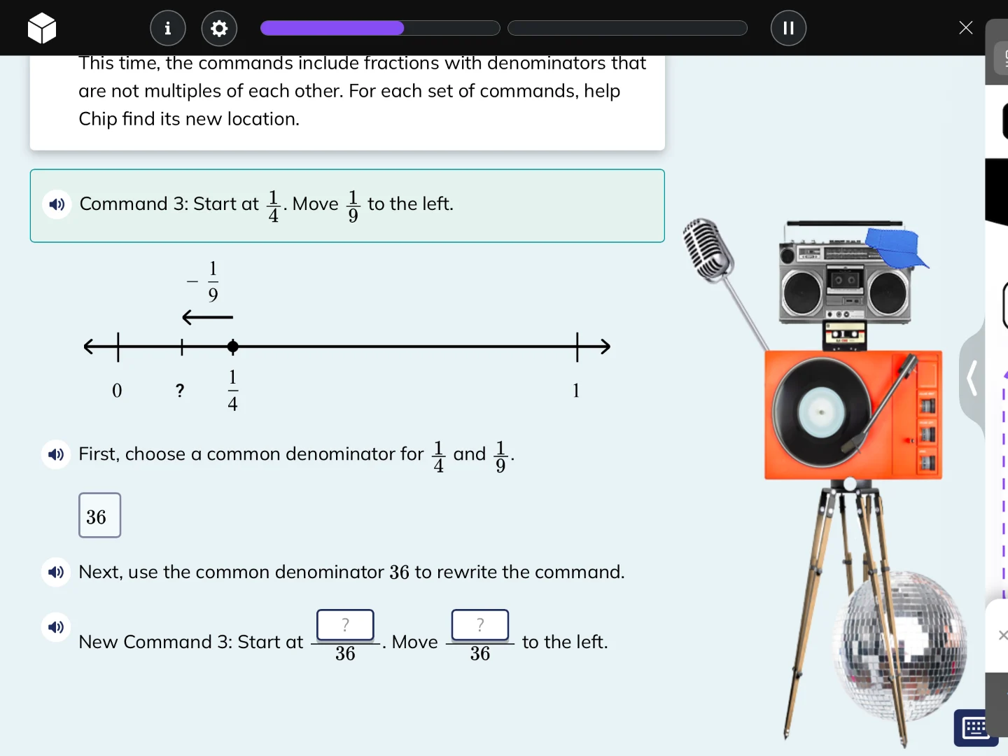 this time, the commands include fractions with denominators that are no…