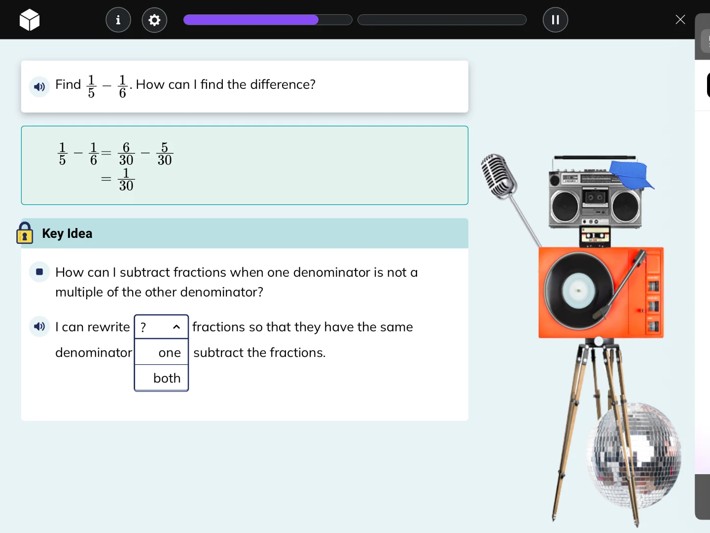 find \\(\\frac{1}{5} - \\frac{1}{6}\\). how can i find the difference? …