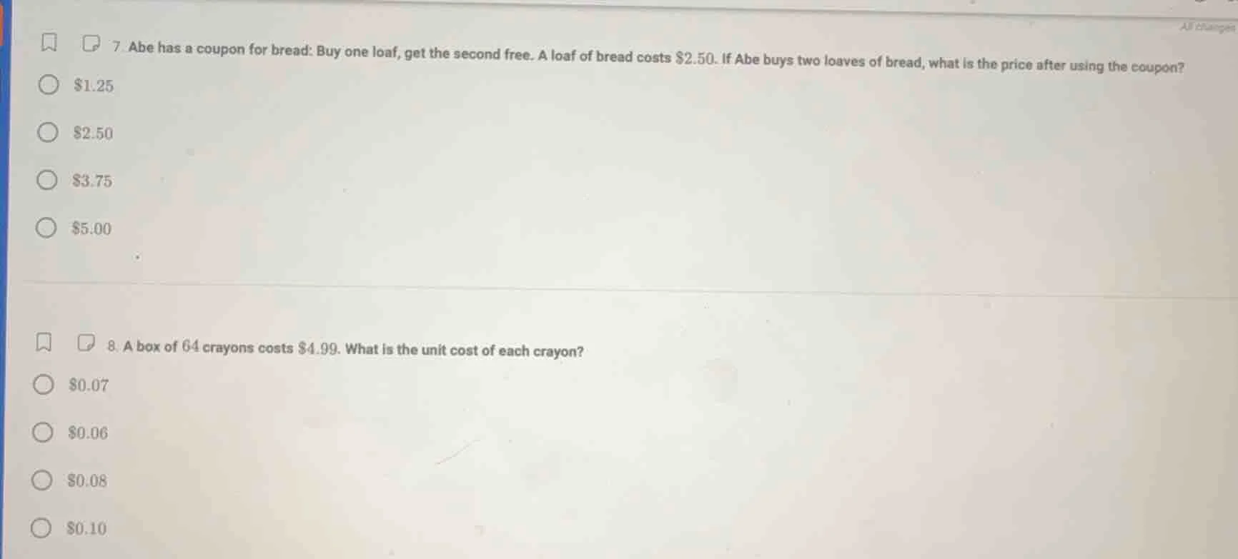 7. abe has a coupon for bread: buy one loaf, get the second free. a loa…