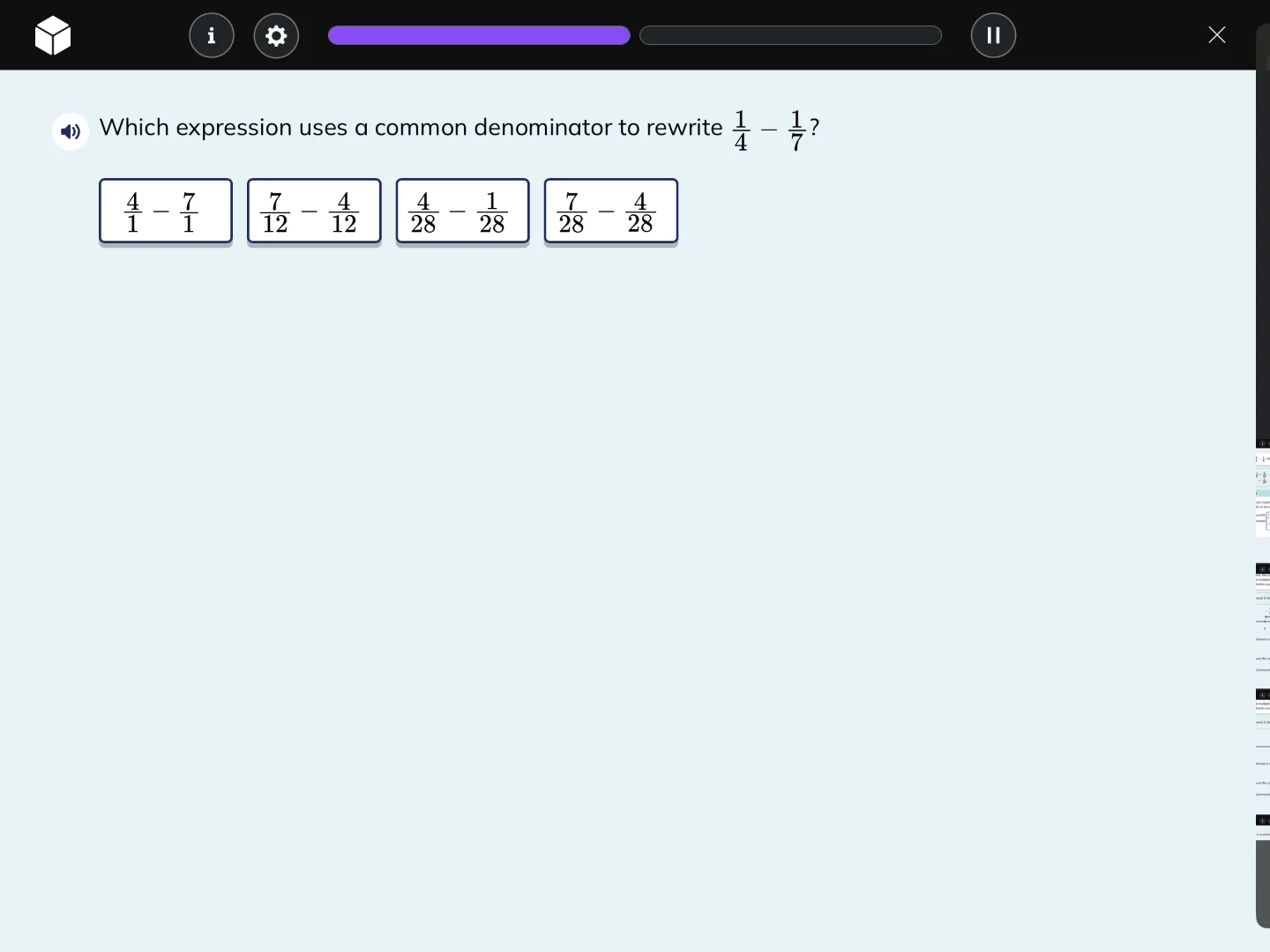 which expression uses a common denominator to rewrite \\(\\frac{1}{4} -…