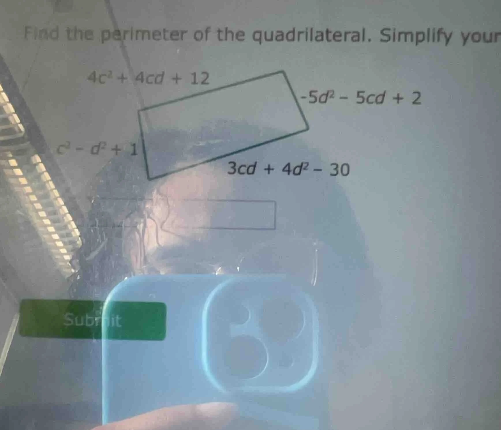 find the perimeter of the quadrilateral. simplify your $4c^2 + 4cd + 12…