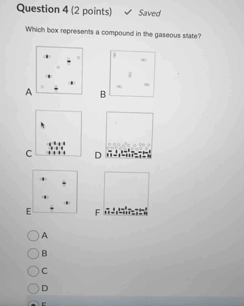 question 4 (2 points) saved which box represents a compound in the gase…