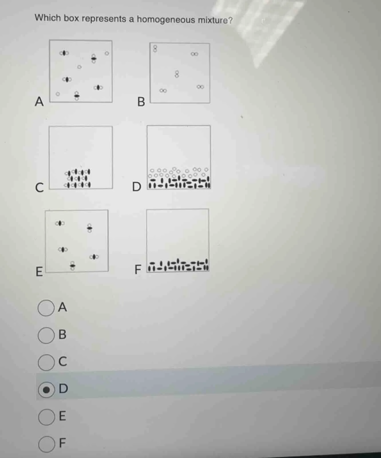 which box represents a homogeneous mixture? a b c d e f a b c d e f