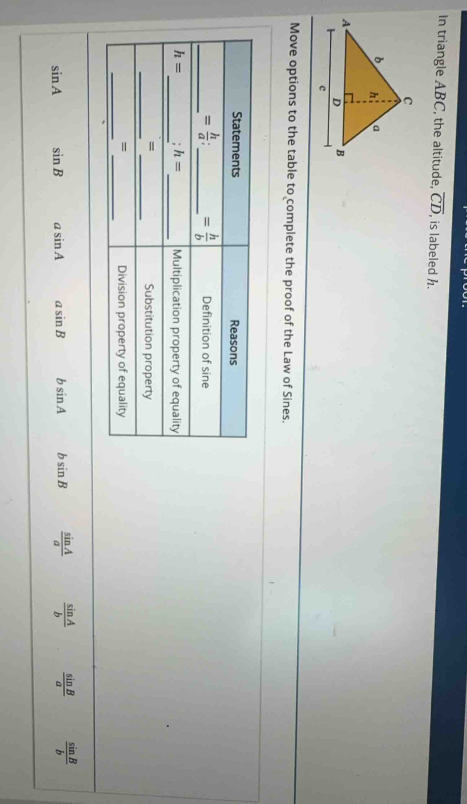 in triangle abc, the altitude, \\(\\overline{cd}\\), is labeled \\(h\\)…