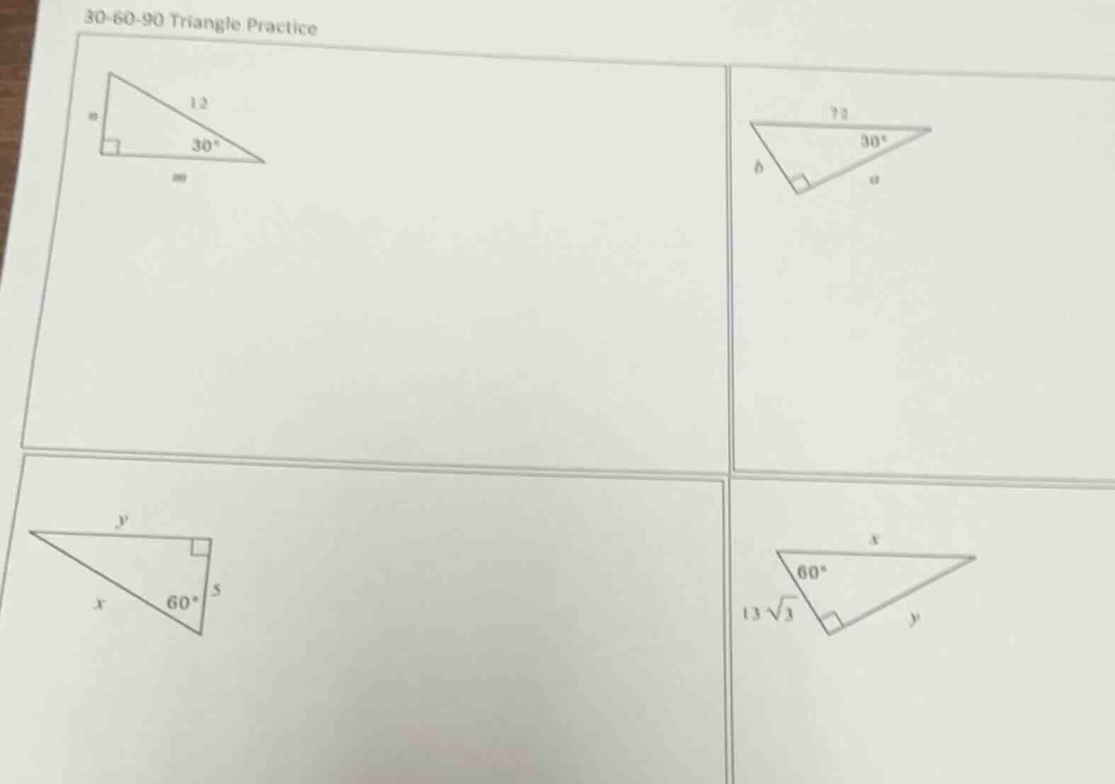 30-60-90 triangle practice first triangle: right triangle, hypotenuse 1…