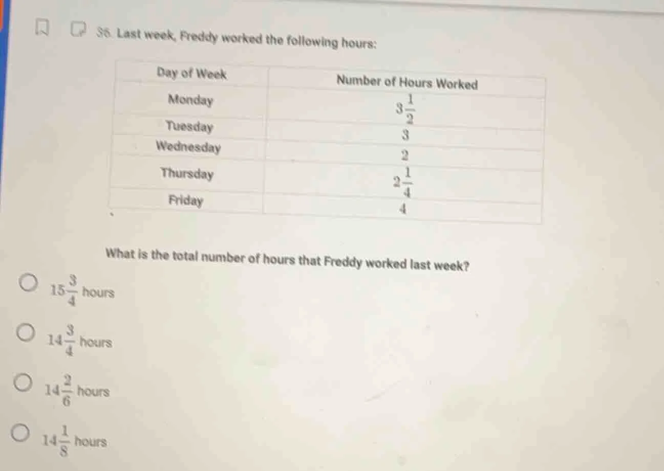 36. last week, freddy worked the following hours: | day of week | numbe…