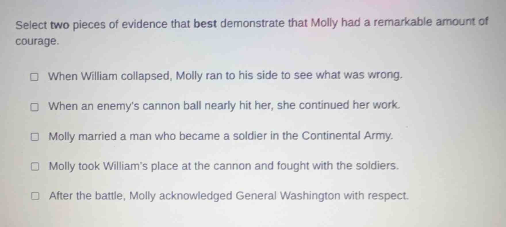select two pieces of evidence that best demonstrate that molly had a re…