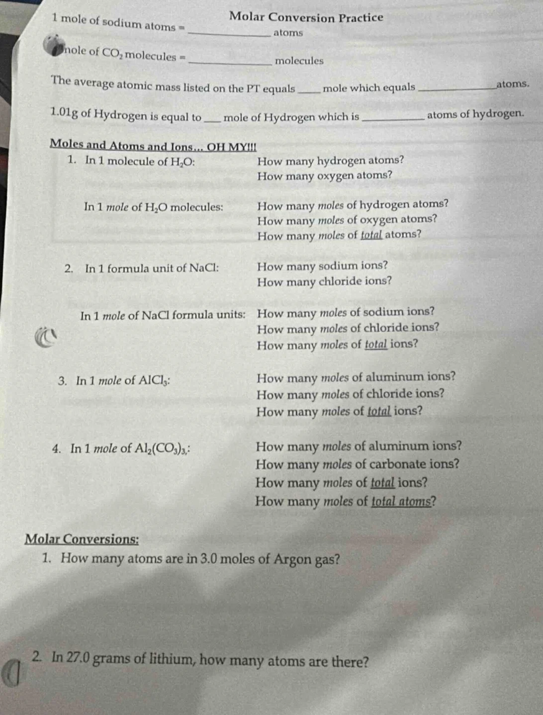 molar conversion practice 1 mole of sodium atoms = ______ atoms nole of…