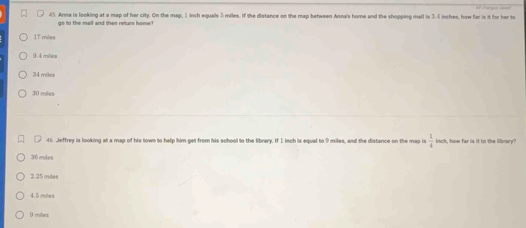 45. anna is looking at a map of her city. on the map, 1 inch equals 5 m…