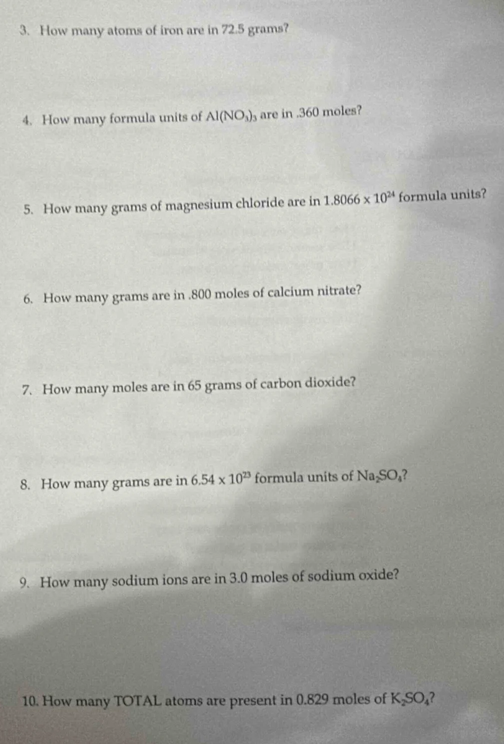 3. how many atoms of iron are in 72.5 grams? 4. how many formula units …