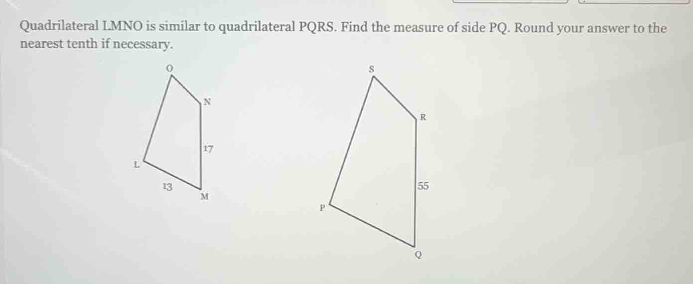 quadrilateral lmno is similar to quadrilateral pqrs. find the measure o…