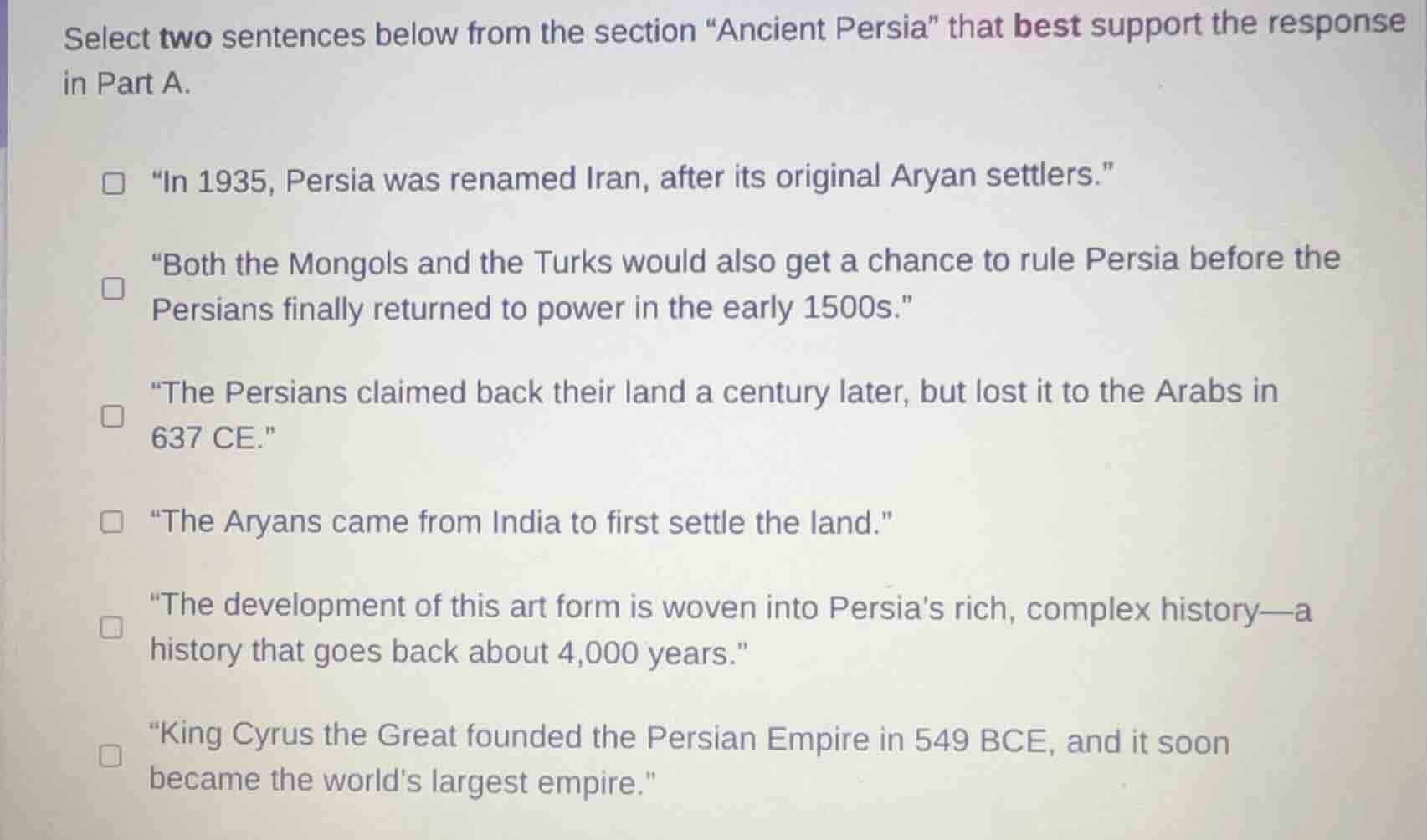 select two sentences below from the section \ancient persia\ that best …