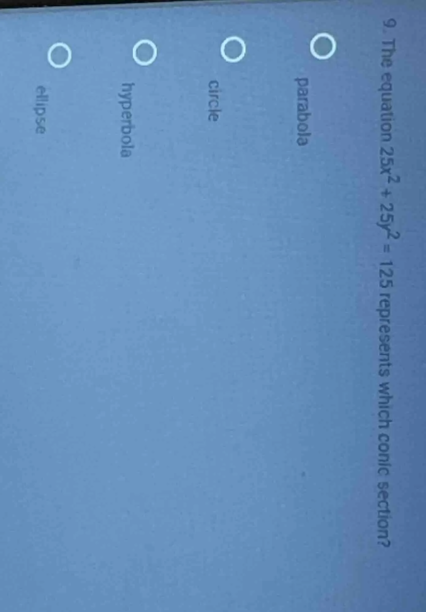 9. the equation $25x^2 + 25y^2 = 125$ represents which conic section? o…