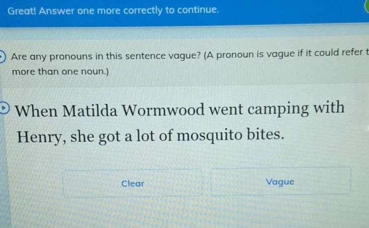 great! answer one more correctly to continue. are any pronouns in this …
