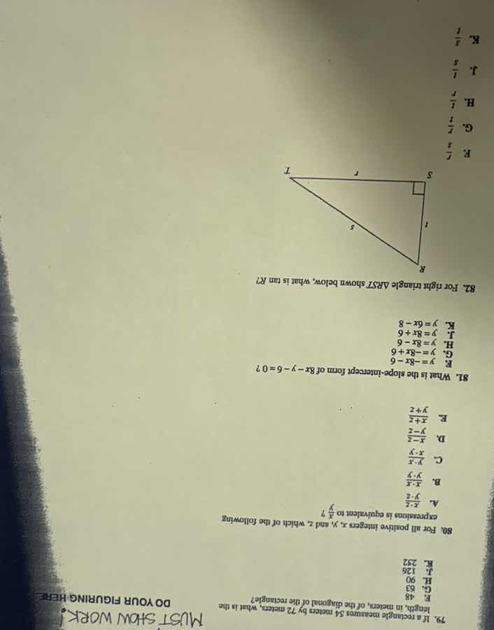 79. if a rectangle measures 54 meters by 72 meters, what is the length,…