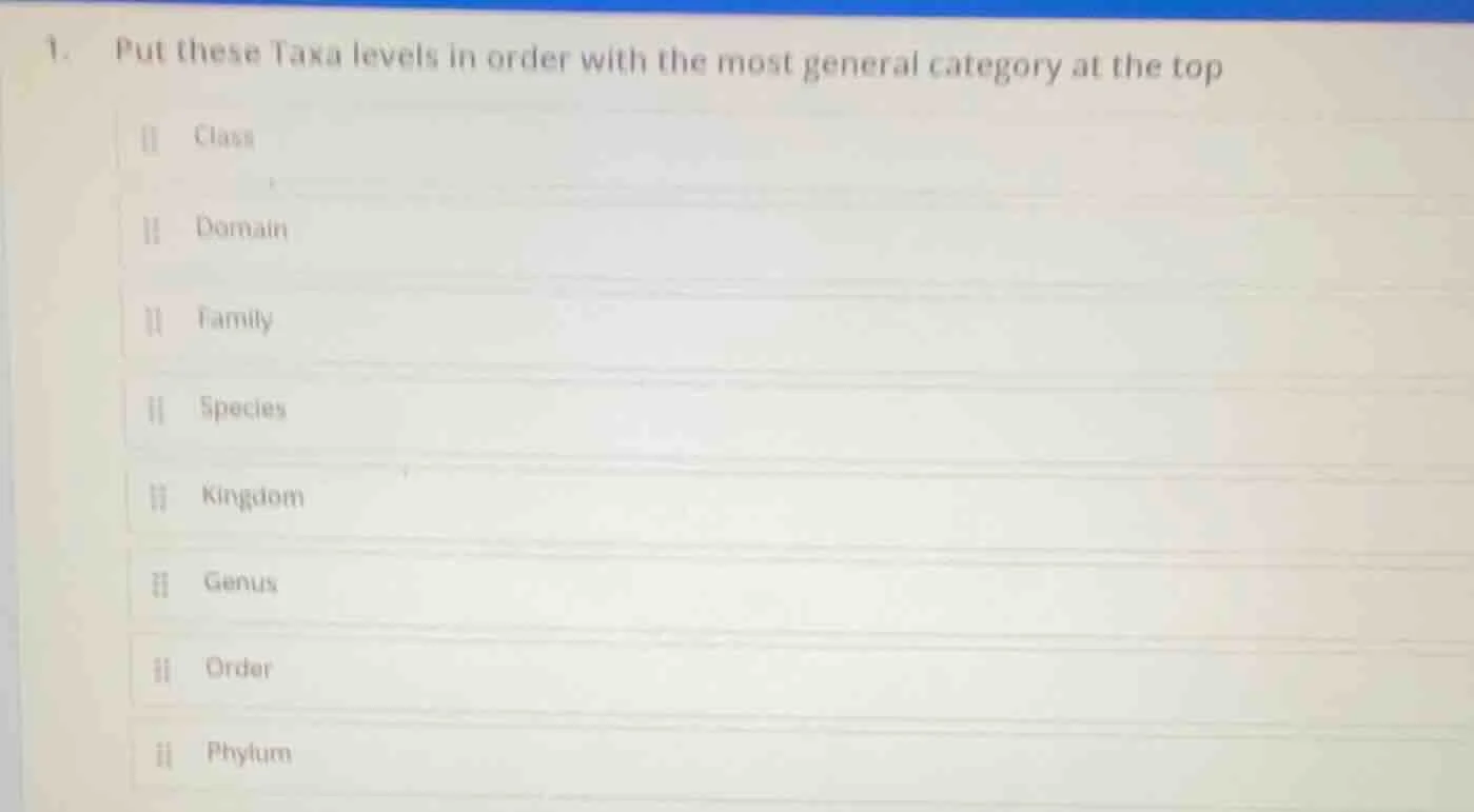 1. put these taxa levels in order with the most general category at the…