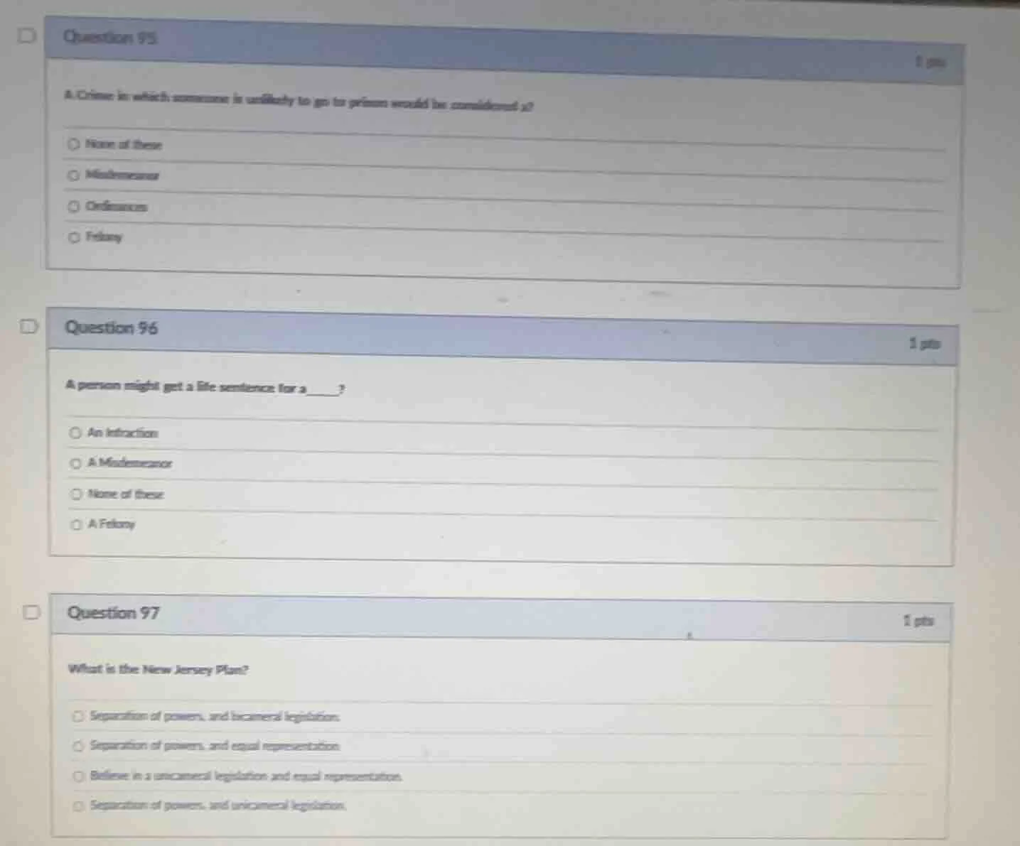 question 95 1 pts a crime in which someone is unlikely to go to prison …