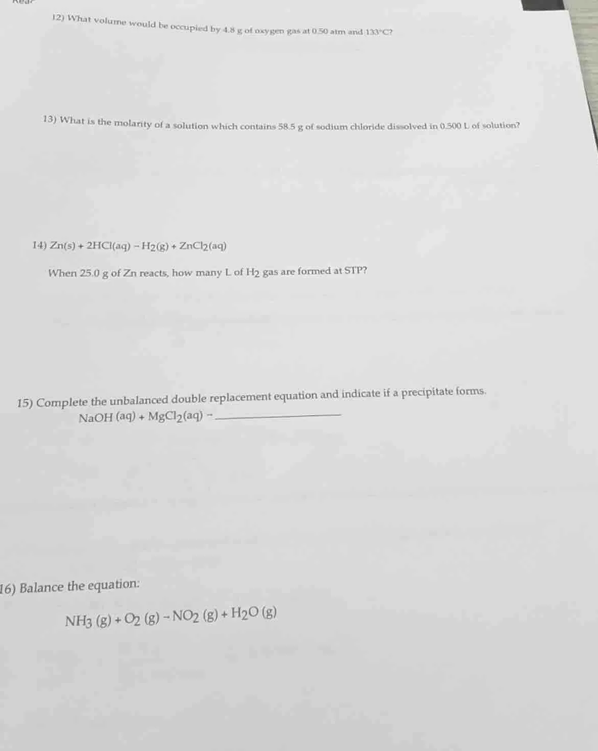 12) what volume would be occupied by 4.8 g of oxygen gas at 0.50 atm an…