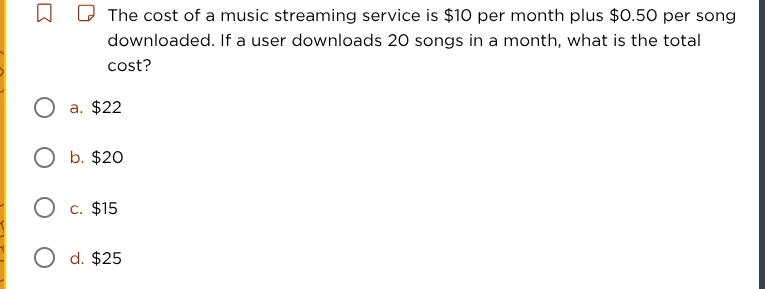 the cost of a music streaming service is $10 per month plus $0.50 per s…