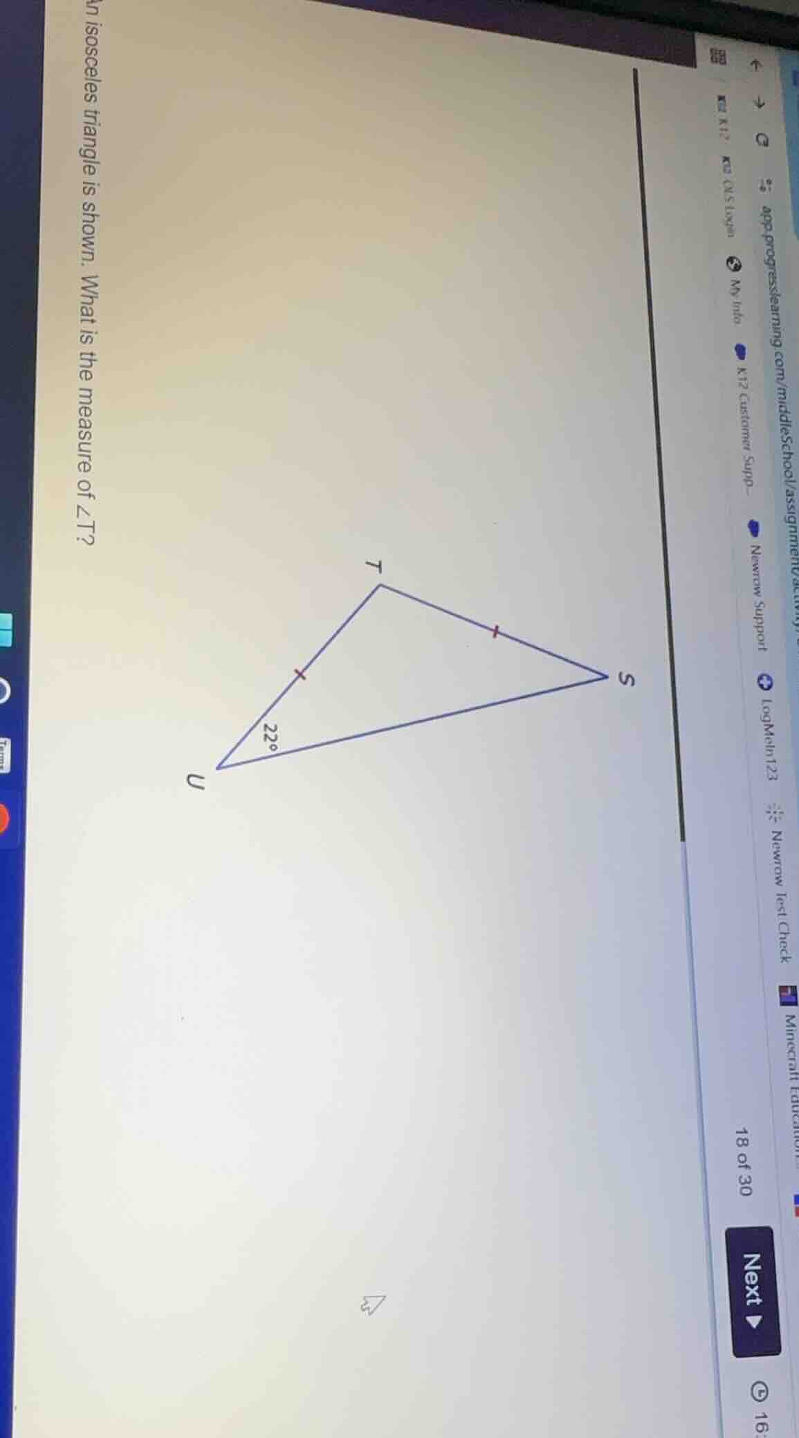 an isosceles triangle is shown: what is the measure of ∠t? triangle wit…
