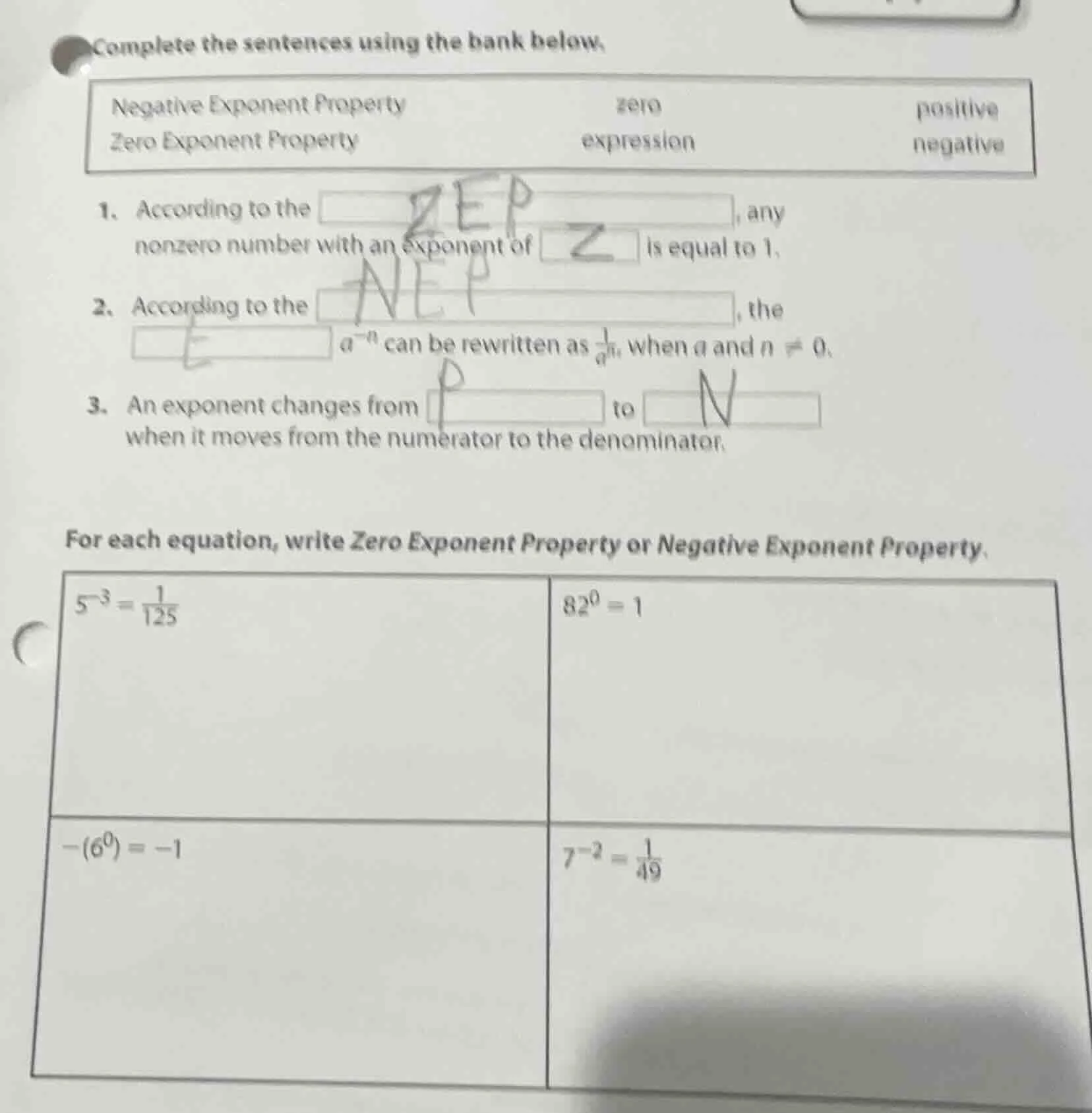 complete the sentences using the bank below. negative exponent property…