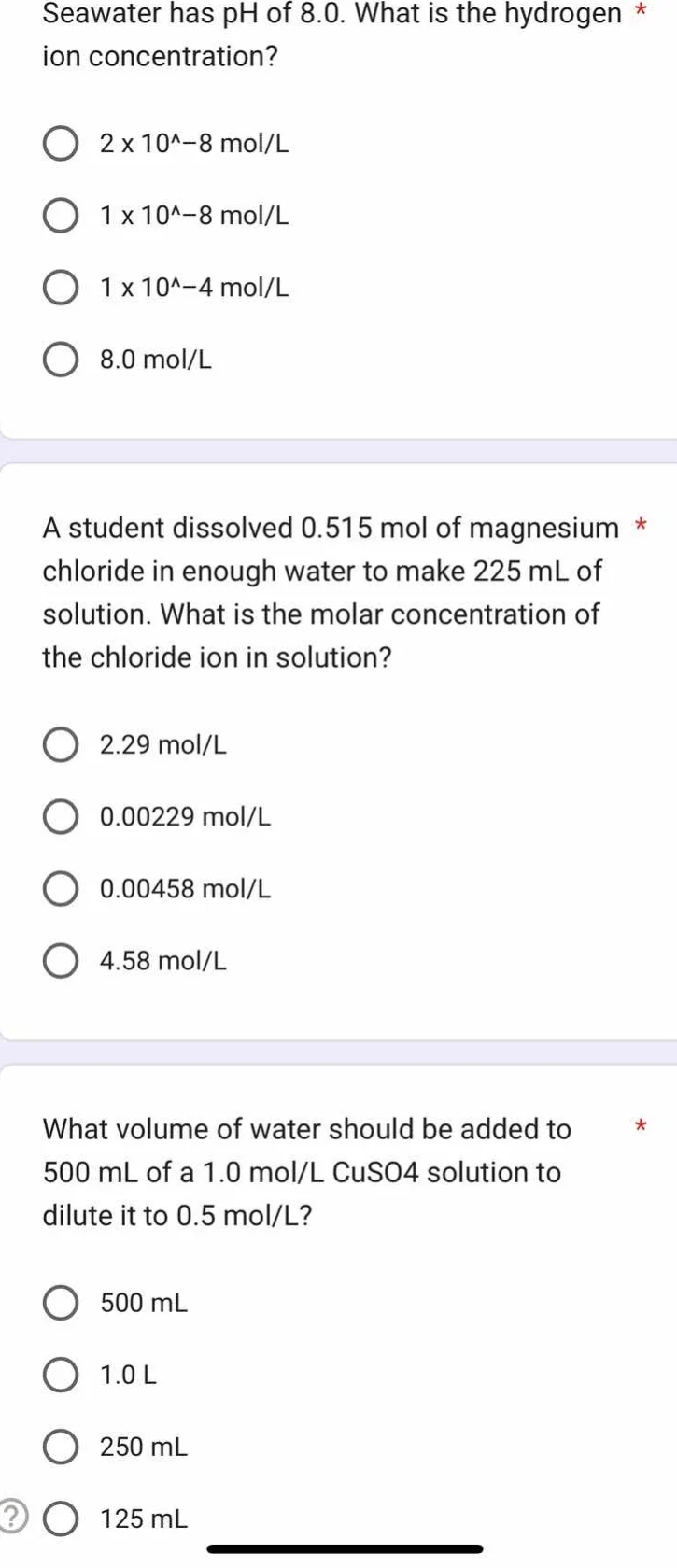 seawater has ph of 8.0. what is the hydrogen ion concentration? 2 x 10^…
