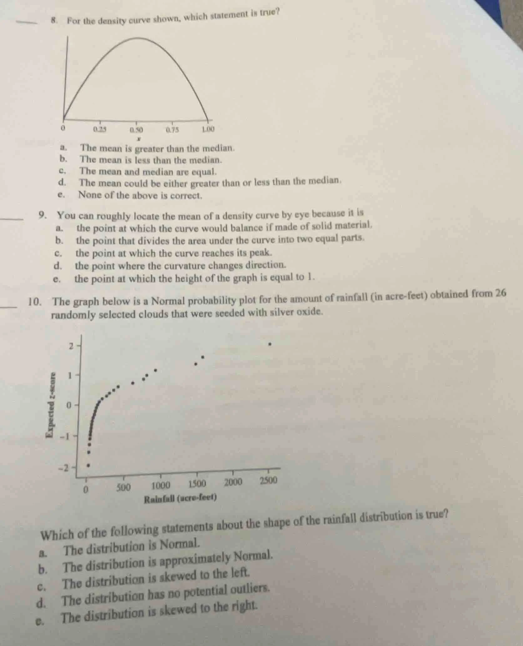 8. for the density curve shown, which statement is true? a. the mean is…