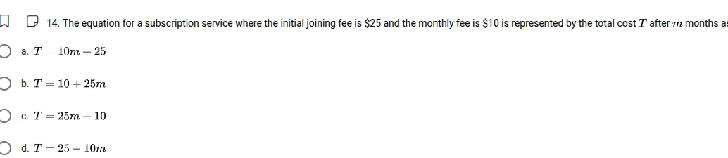 14. the equation for a subscription service where the initial joining f…
