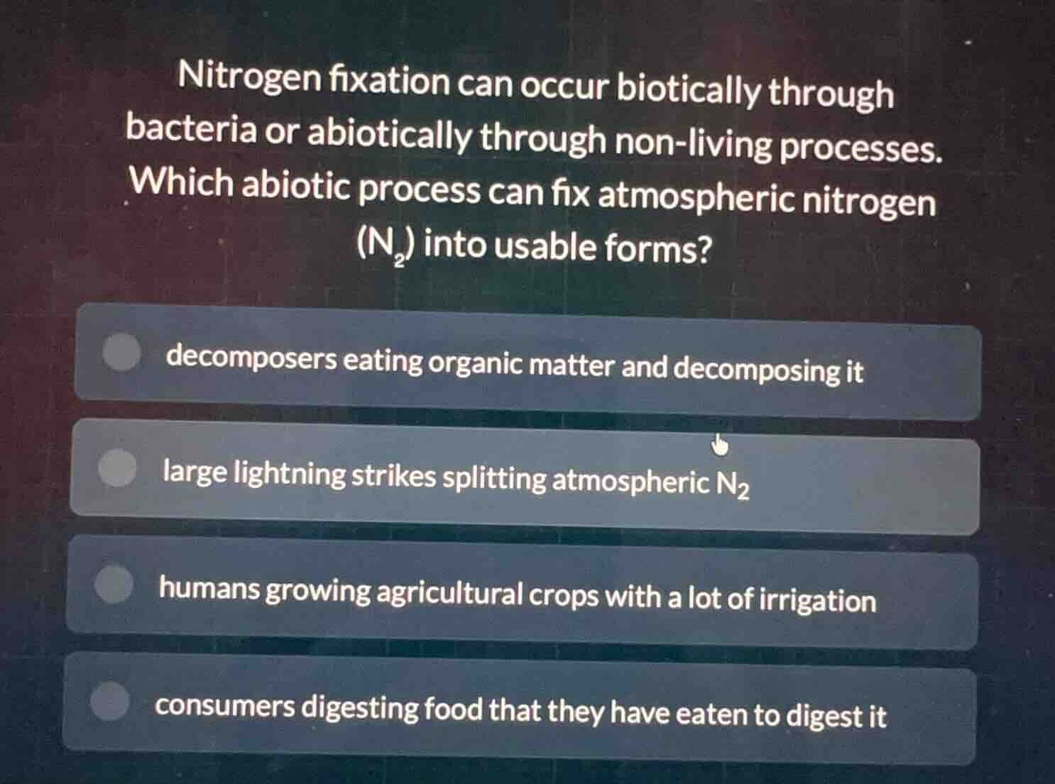 nitrogen fixation can occur biotically through bacteria or abiotically …