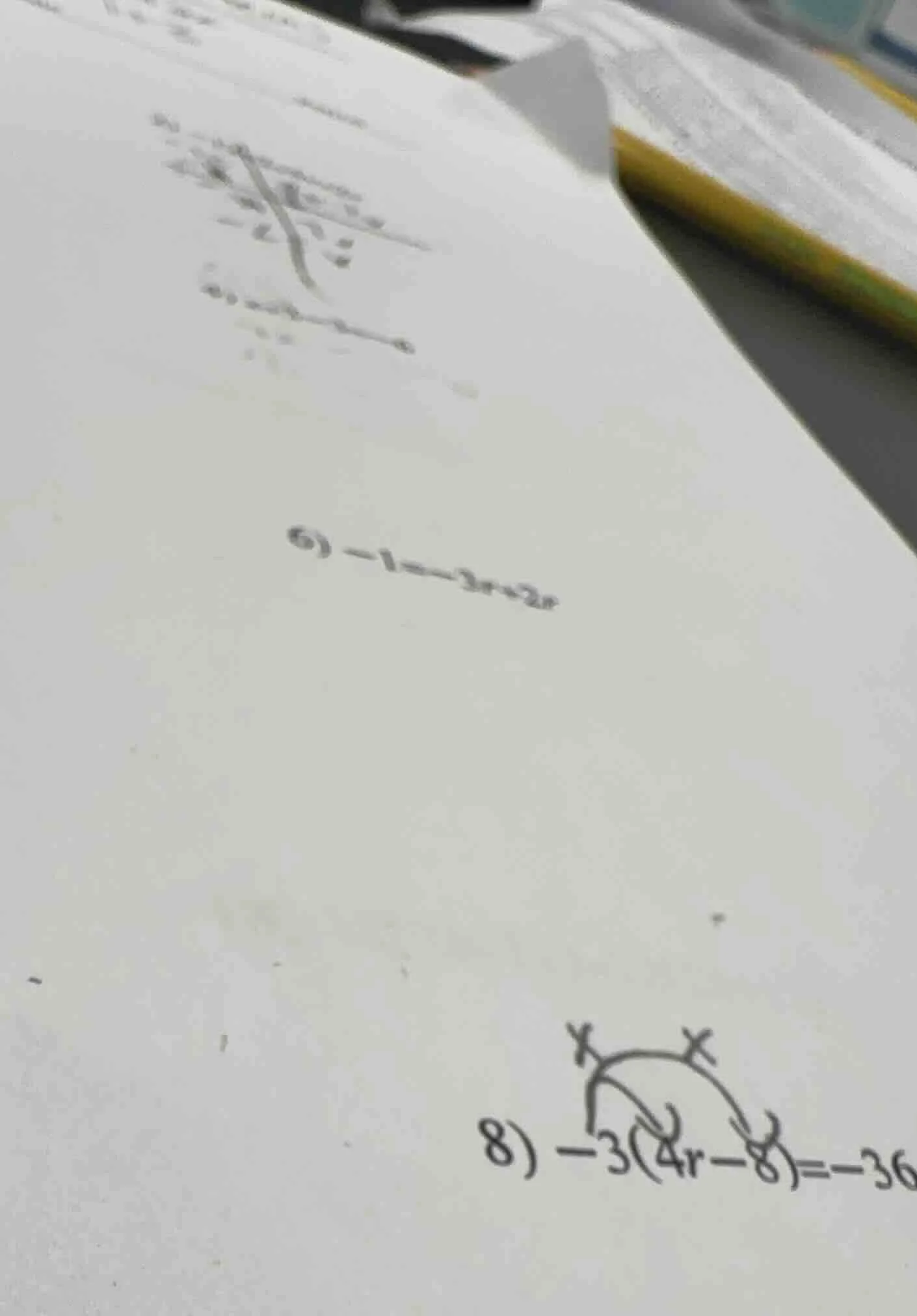 6) $-1 = -3x + 2x$ 8) $-3(4r - 8) = -36$