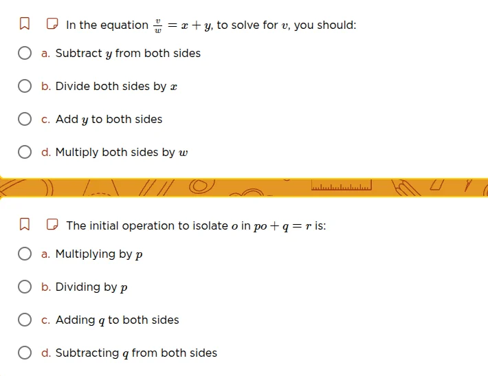 in the equation \\(\\frac{v}{w} = x + y\\), to solve for \\(v\\), you s…